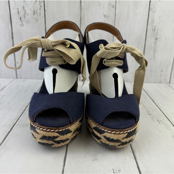 Tory Burch Navy Blue Linley High Open Toe Tie Front Espadrille Wedge Size 5 - Picture 4 of 12
